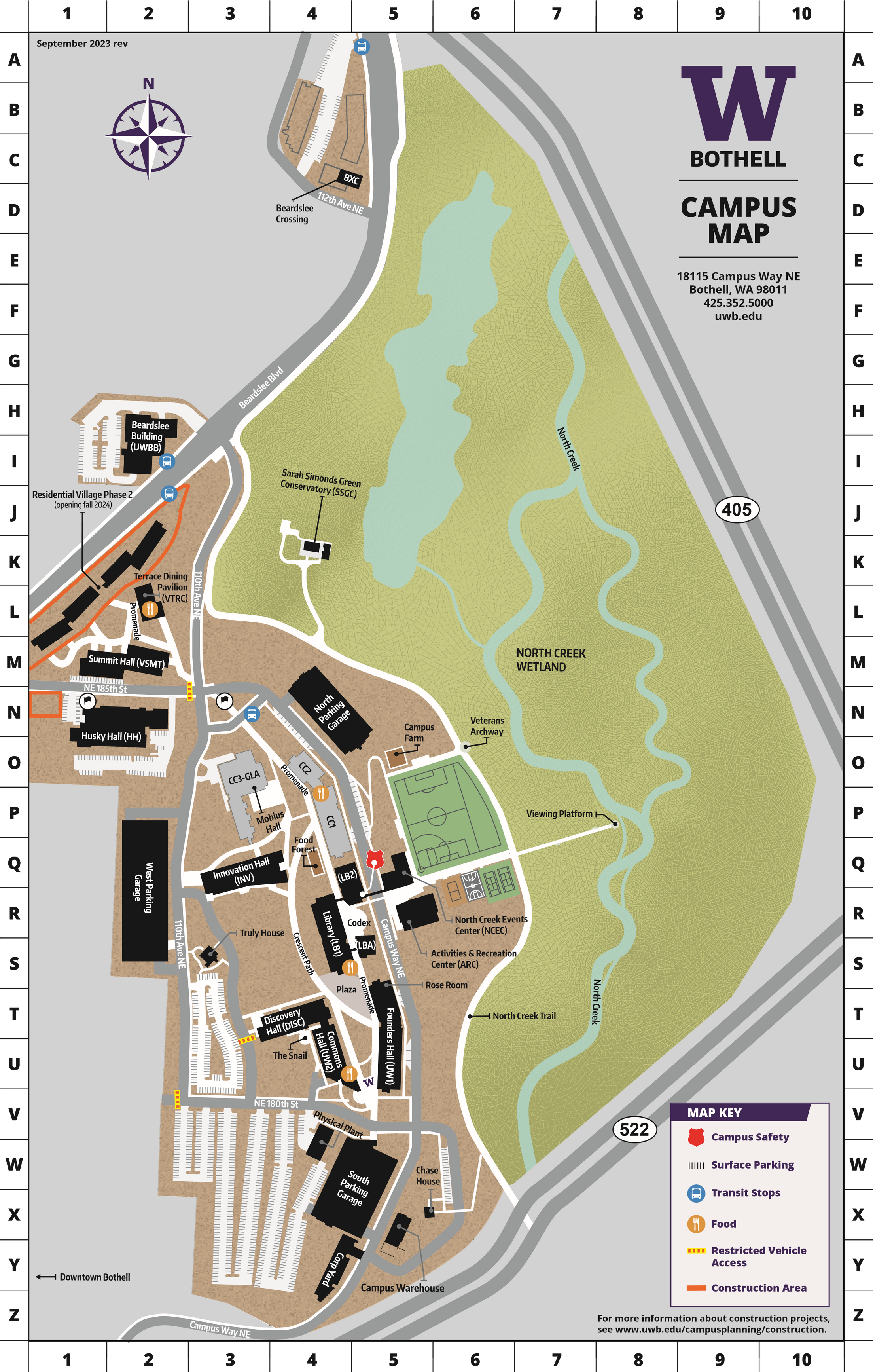 UWB and Cascadia Campus map with gold stars placed over event locations