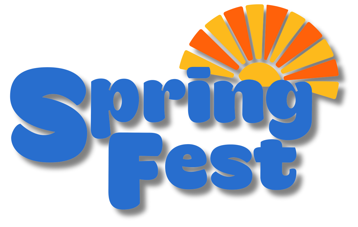 Blue text that says Spring Fest with a sunburst behind it