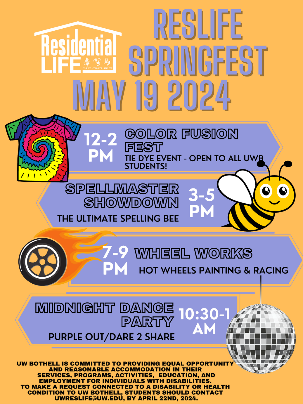 Purple text that says Reslife Springfest May 19-20, 2020 over an orange background