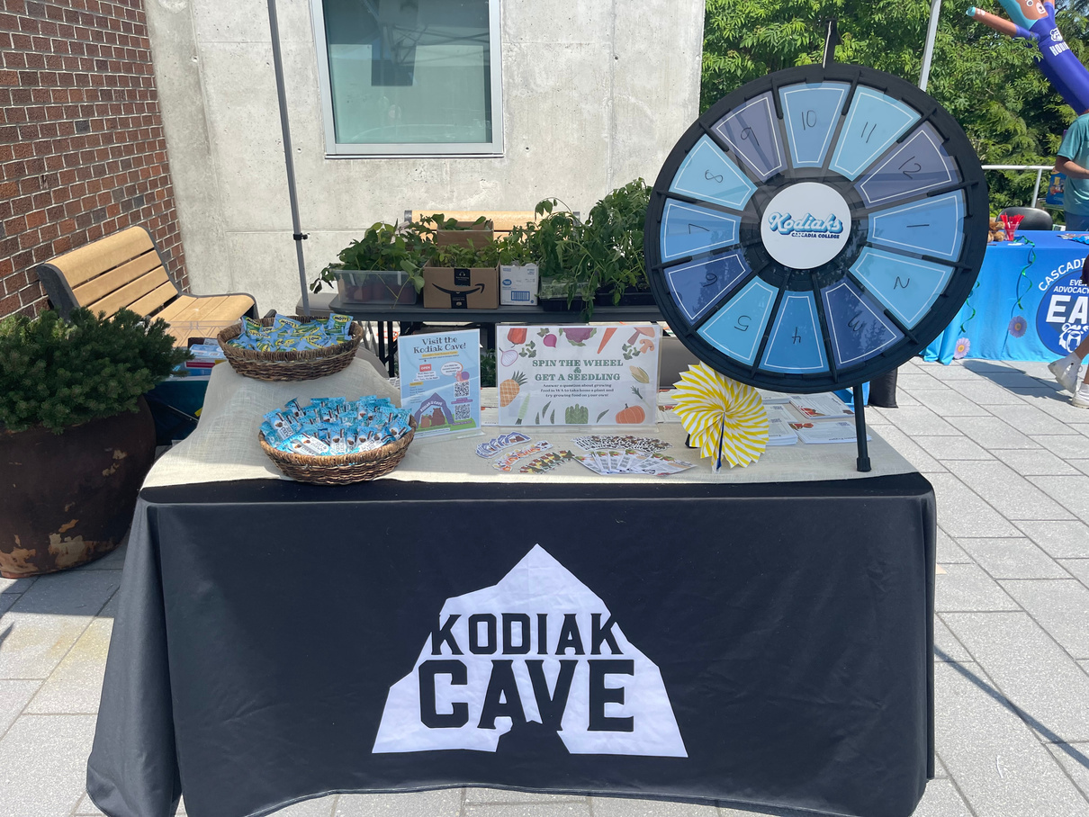 a table with a sign that says kodak cave, and a spinning prize wheel on top of the table